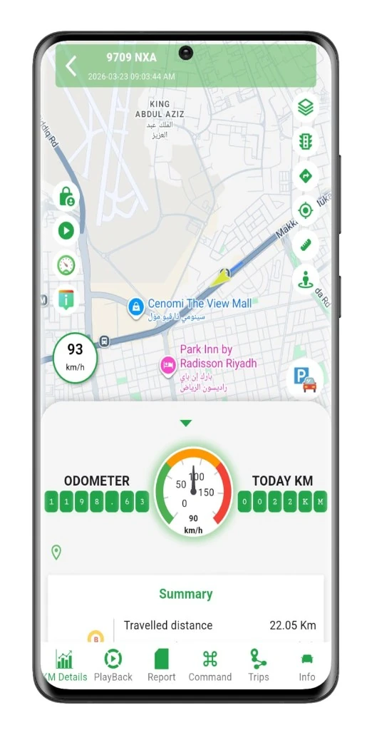 تطبيق جوال: شاشة مركبة في الرياض مع السرعة الحية والأودوميتر ومعلومات الرحلة
